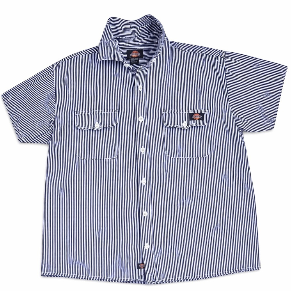 Dickies Men’s Navy and White Stripe Short Sleeve Button-Front Shirt XL - Picture 1 of 4